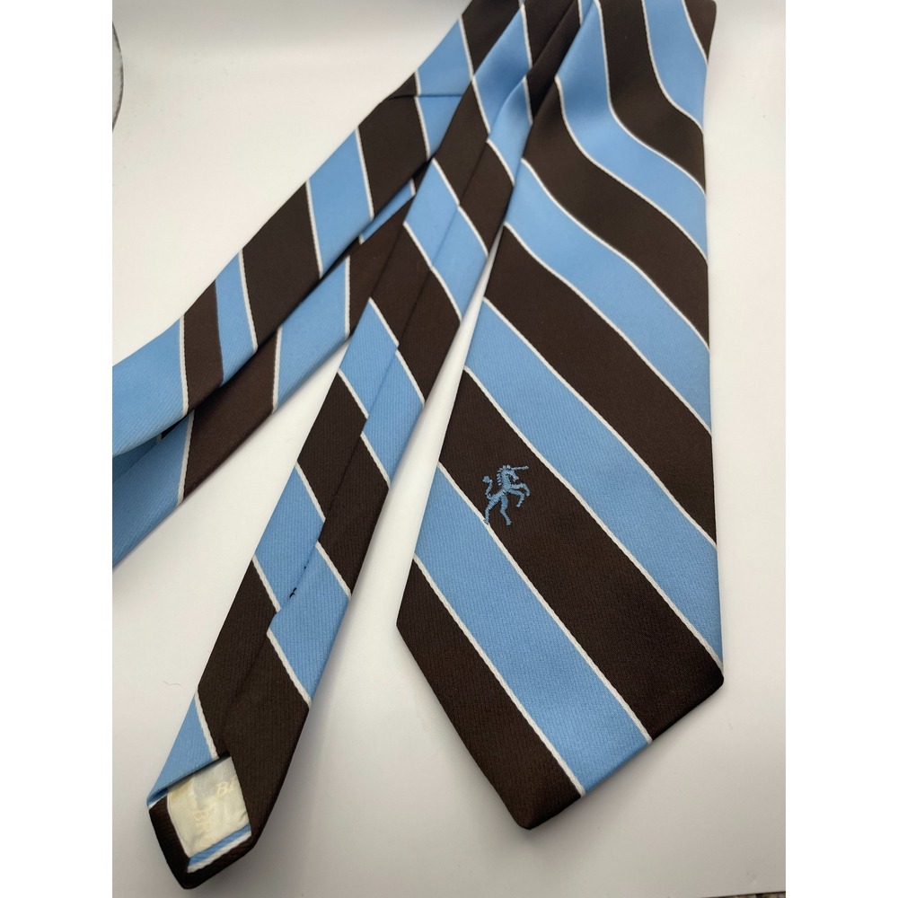 Bronzini Mens Necktie Brown Blue Striped Unicorn Crest Polyester Vintage Tie